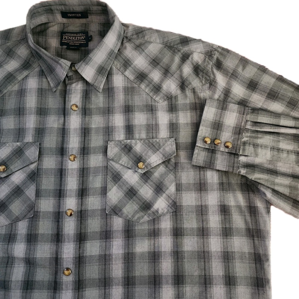 Pendleton Plaid Shirt Men's XL Western Cowboy Gray‎ Black Long Sleeve Pearl Snap